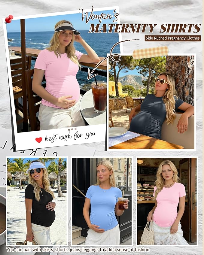 Huukeay 4 Pack Women's Maternity Shirts, Crew Neck Maternity Top Short Sleeve Casual Cotton Tee Side Ruched Pregnancy Clothes
