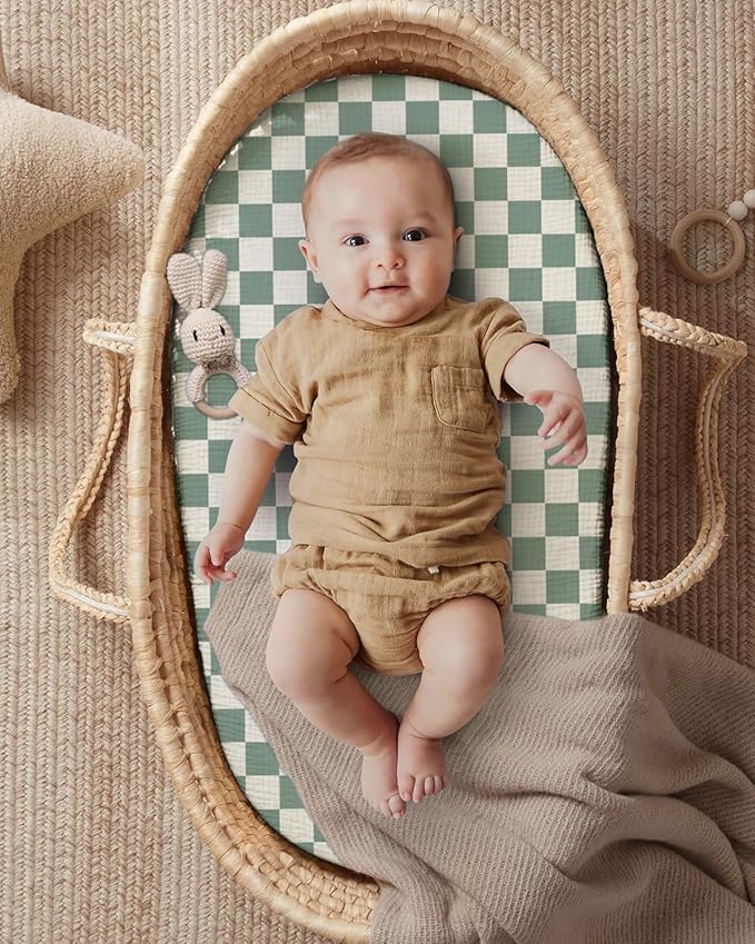 Blissful Diary Muslin Bassinet Sheets for Baby Girls Boys, Boho Soft Cotton Fitted for Oval Hourglass Rectangle Mattress, 2 Pack(Sage Checkboard & Sage Green)