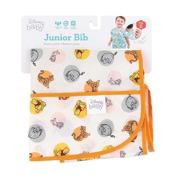 Bumkins Disney Short Sleeve Bib for Girl or Boy, Toddler and Kids for 1-3 Years, Large Size, Essential Must Have for Junior Children, Eating, Mess Saving Soft Fabric Play Apron, Winnie and Friends