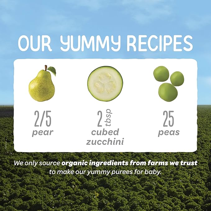 Happy Baby Organics Stage 2 Baby Food Pouches, Gluten Free, Vegan & Healthy Snack, Clearly Crafted Fruit & Veggie Puree, Pears, Zucchini & Peas, 4 Ounces (Pack of 16)