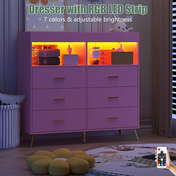 Baby Changing Table Dresser with 6 Drawers, Baby Nursery Dresser, LED Lights & Charging Station – Multifunctional Nursery Dresser with Removable Changing Top, Anti-Tip Design, Pink