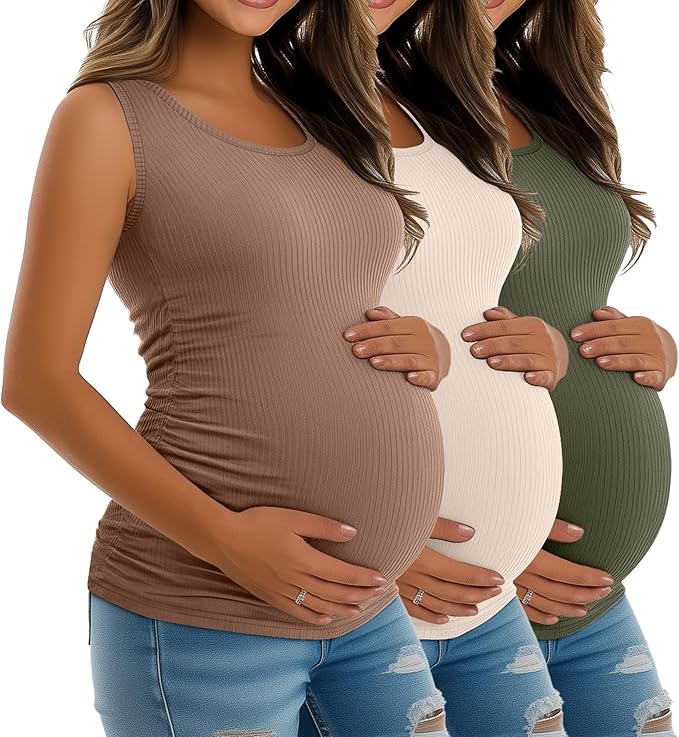 Riyiper 3 Pack Women's Maternity Tank Tops, Sleeveless Cotton Pregnancy Shirts Ribbed Knit Sides Ruched Basic Mama Clothes