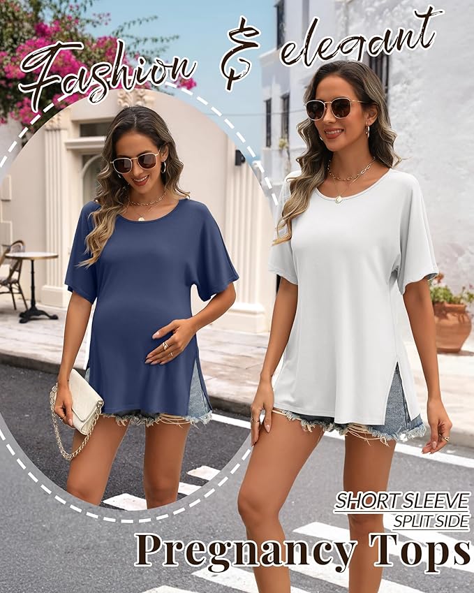 Riyiper 3 Pack Women's Maternity Tunic Shirts Cotton Summer Pregnancy Clothes Loose Oversized Split Side Blouse Tops