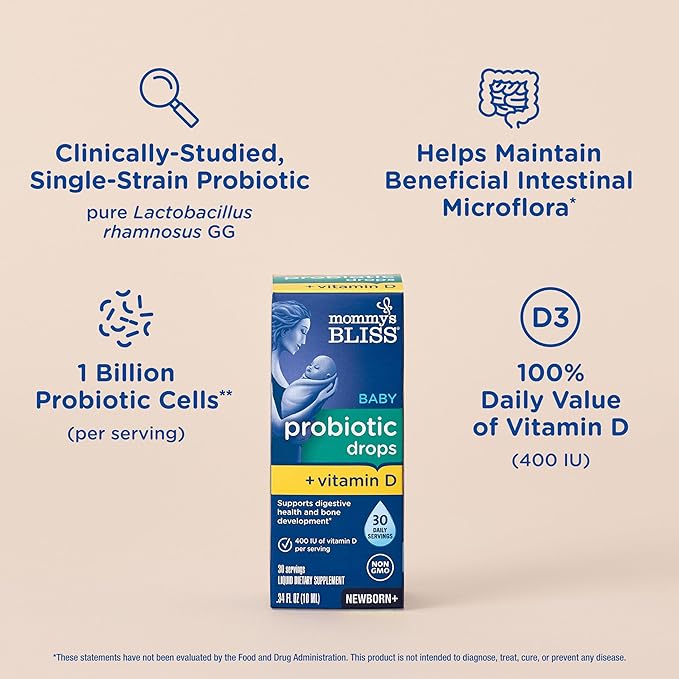 Mommy's Bliss Baby Probiotics + Vitamin D Drops, Supports Digestive Health & Immune Function*, 400IU Vitamin D , Supports Bone Development*, Newborns+, Flavorless, 0.34 Fl Oz (30 Servings)