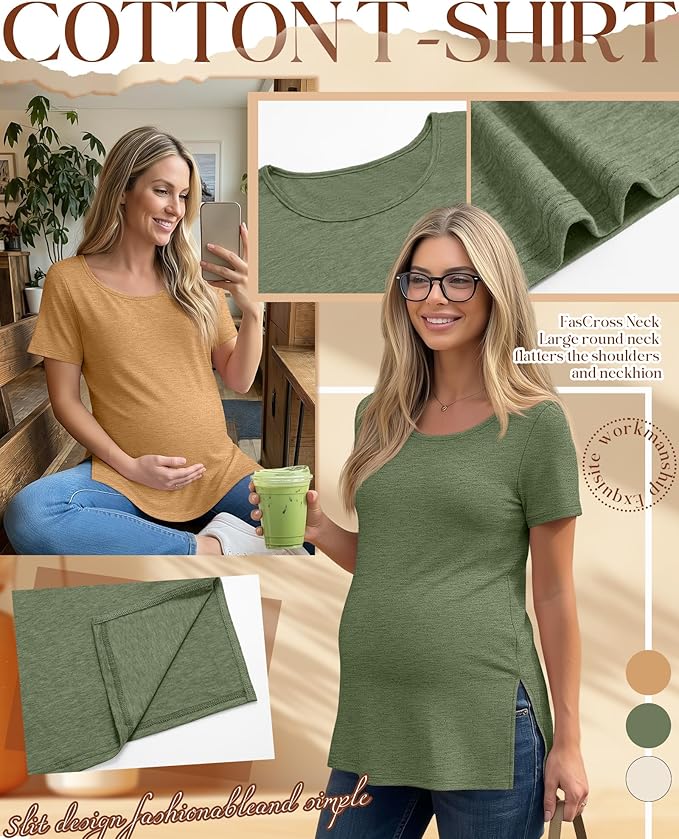3 Pack Women's Maternity Shirts Short Sleeve Round Neck Side Split Pregnancy Tops Loose Summer Casual Mama Clothes