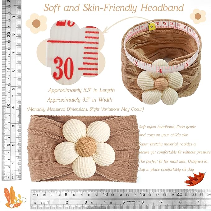 CÉLLOT Baby Flower Headbands Baby Girls Nylon Headbands Baby Essentials Stretchy Hairbands Handmade Hair Accessories for Newborn Infant Toddlers Kids (Pink,Brown,Beige)