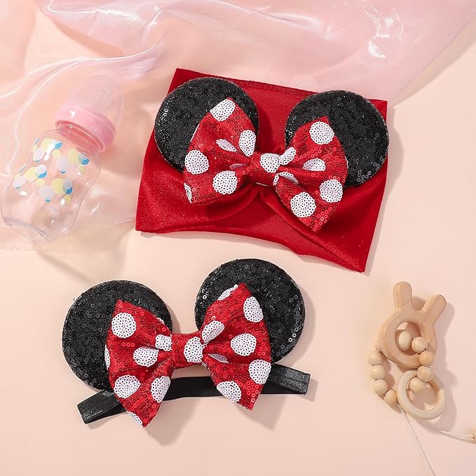 choicbaby Baby Girl Headbands Mouse Ears Headwrap with Sequin Polka Dot Bow Soft Stretchy Nylon Hair Bands for Newborn Infant Baby Toddler Girls- Pack of 2
