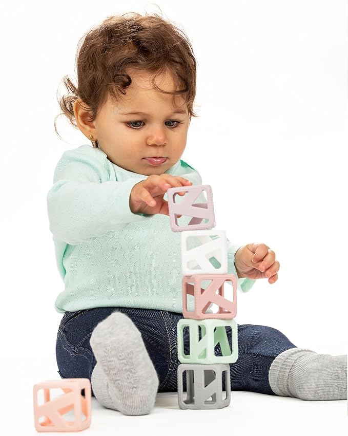 Malarkey Kids Stack N Chew - Mini Cubes Baby Chew Toy Monochrome - Develops Fine Motor Skills, Increases Grip Strength, Stimulates Hand-Eye Coordination (Pastel)