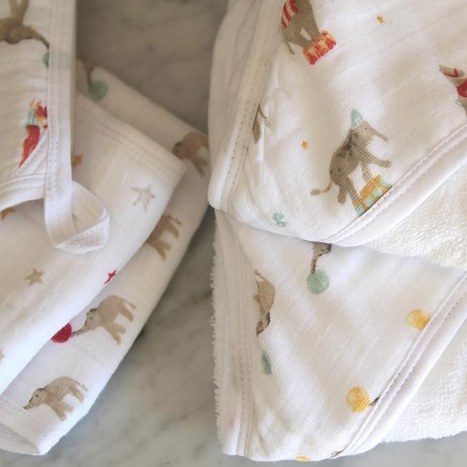 aden + anais Essentials Hooded Baby Bath Towel, Super Soft 100% Cotton, 2 Pack, Elephant Circus