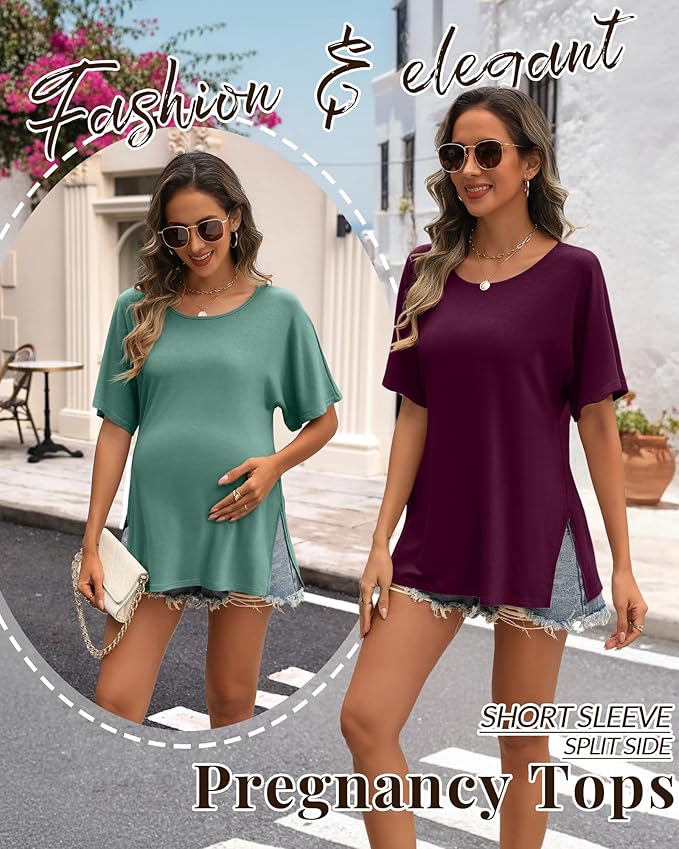 Riyiper 3 Pack Women's Maternity Tunic Shirts Cotton Summer Pregnancy Clothes Loose Oversized Split Side Blouse Tops
