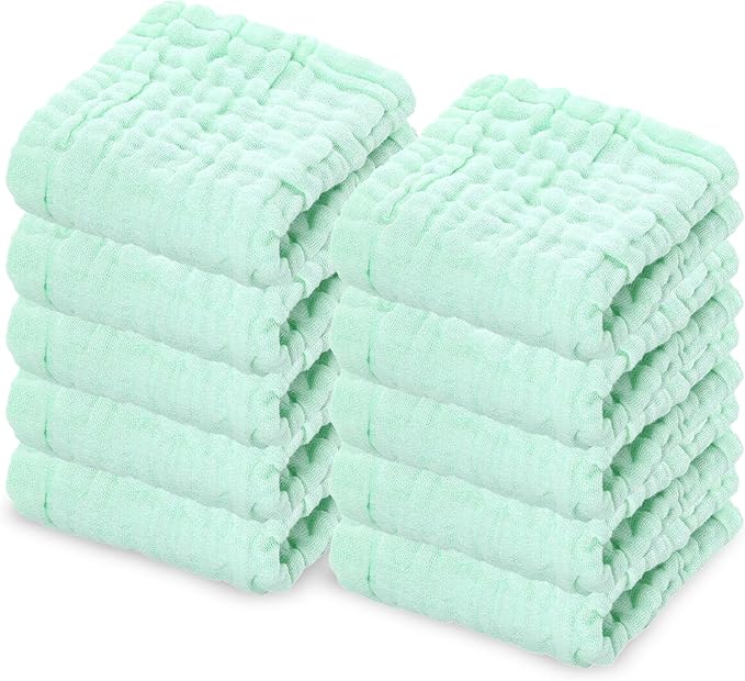 10 Pack Soft Muslin Unisex Baby Washcloths for Daily Use, 100% Cotton Set for Delicate Skin. Soft and Super Absorbent, Newborn Baby Essentials and Baby Registry,12x12 Inches (Green)