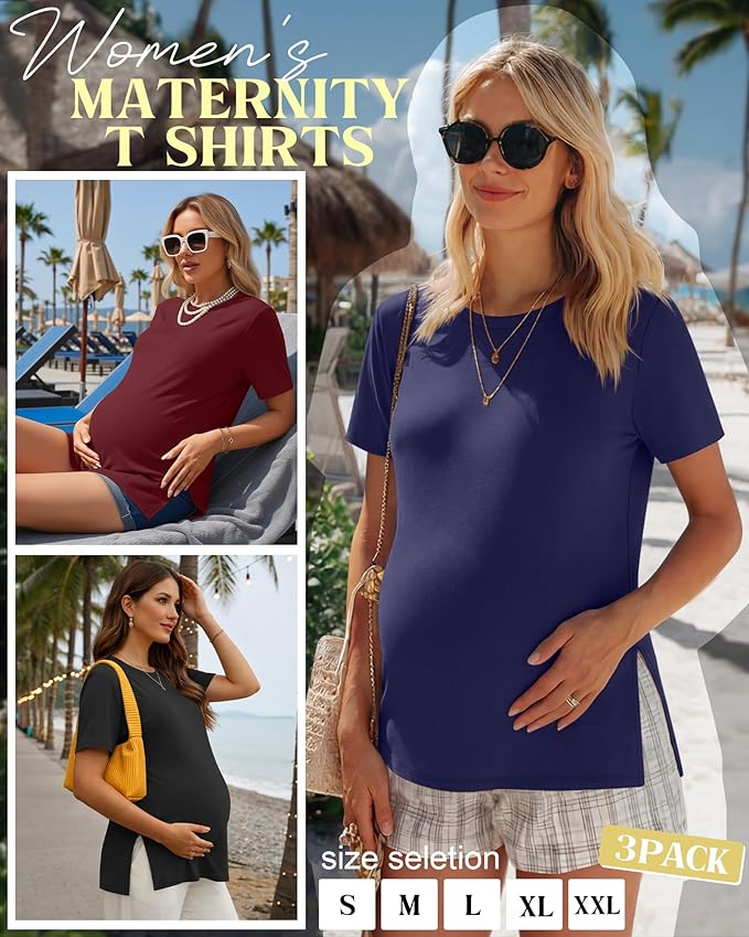 Ficerd 3 Pack Women's Maternity T Shirts, Short Sleeve Side Split Pregnancy Tops Casual Crew Neck Pregnant Tees Mama Clothes