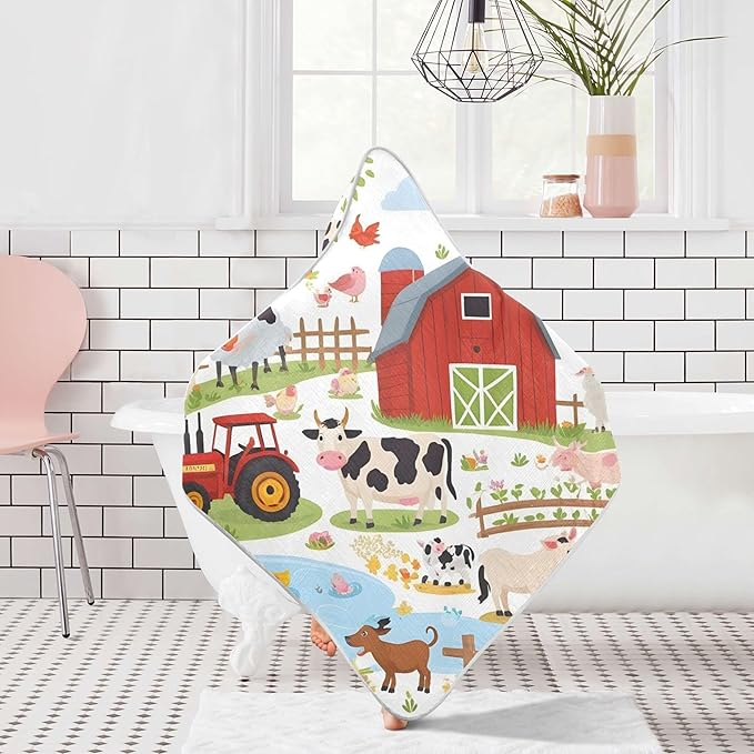 Burbuja Farm Animals Baby Bath Towel - Soft Absorbent Muslin Cotton Hooded Towel for Newborn Infant Toddler, 30x30 in