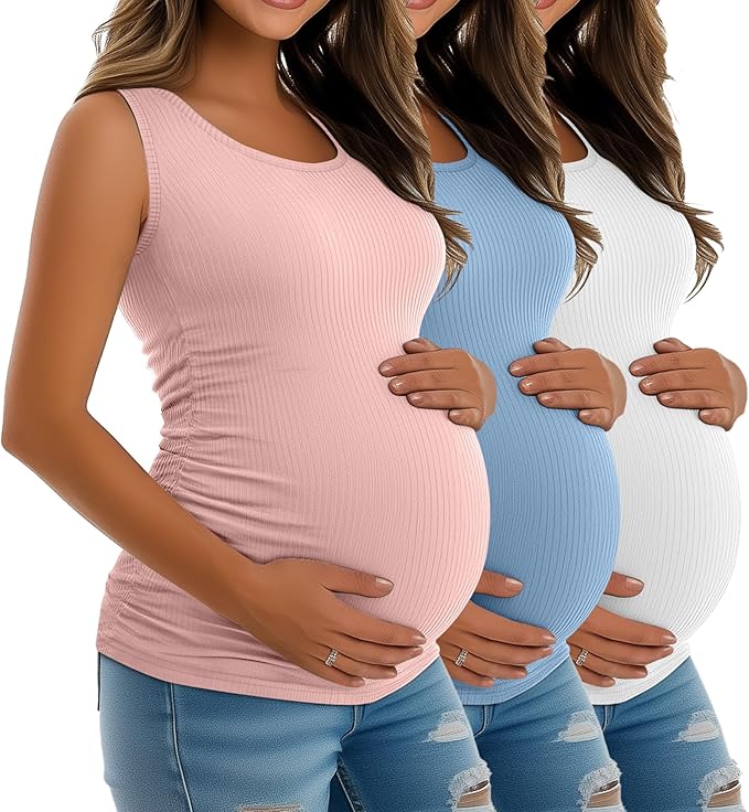Riyiper 3 Pack Women's Maternity Tank Tops, Sleeveless Cotton Pregnancy Shirts Ribbed Knit Sides Ruched Basic Mama Clothes