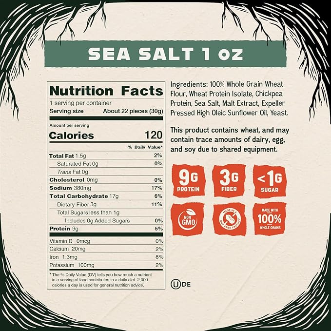 Kindling Protein Pretzels - Sea Salt | Protein-Packed Snack Size Bags | Kosher | 8-9g Protein Per Serving | No Artificial Flavors, Soy-Free | Lunches, Office Snacks, & On-the-Go | 16-Count (1.06oz Bags)