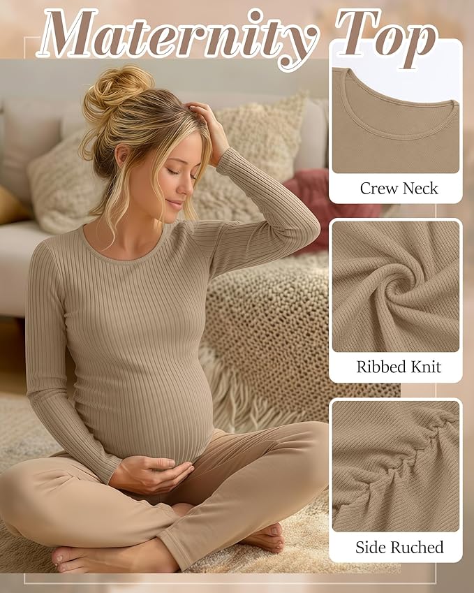 Huukeay 4 Pack Women's Maternity Shirts, Long Sleeve Cotton Ribbed Pregnancy Tops Side Ruched Crew Neck Casual Mama Clothes