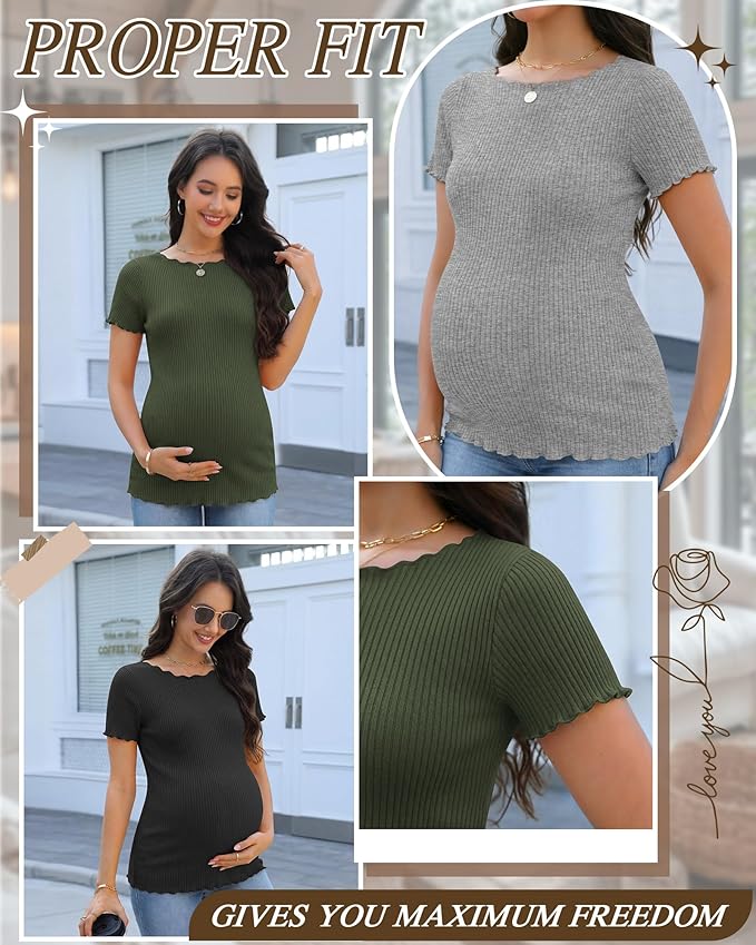 3 Pack Women's Maternity Ribbed Shirts Cotton Short Sleeve Pregnancy Tops Boat Neck Lettuce Trim Mama Clothes