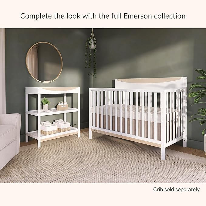 Dream On Me Emerson Baby Changing Table – Compact Modern Changing Station with 2 Open Shelves, New Zealand Pinewood, Easy-to-Clean Non-Toxic Finish, Space-Saving Nursery Storage – Vintage White Oak