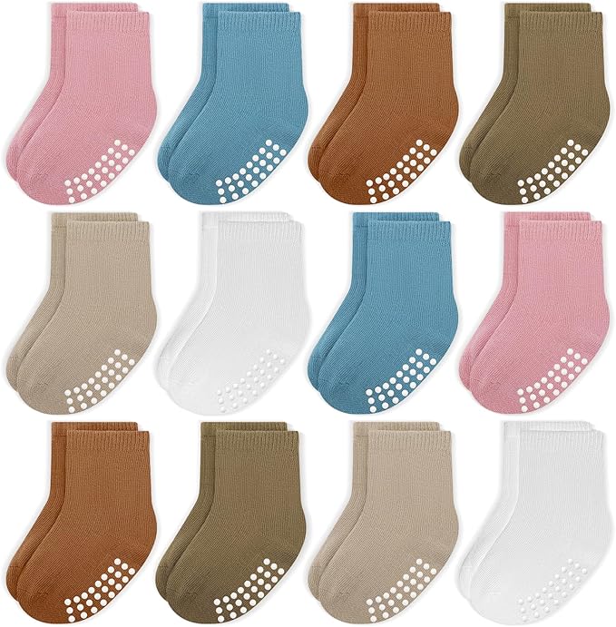 JAKIDAR 12 Pack Baby Toddler Socks Non Slip Grip Cotton Crew Socks for Boys Girls Infants Kids
