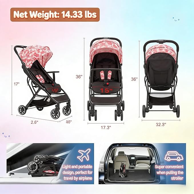 COOL KIDS Portable Stroller with Automatic Fold，Lightweight Umbrella Stroller with Pop Out Sun Canopy，Compact Stroller for Travel