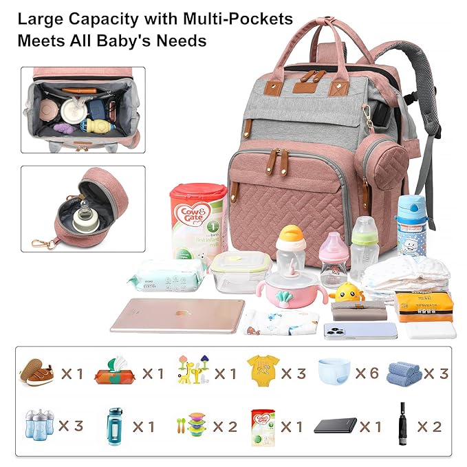 Baby Diaper Bags with Changing Station Multifunctional Waterproof Diaper Bag Backpack Travel Baby Bag with Changing Pad, Pacifier Case,Baby Essentials(PinkGrey)