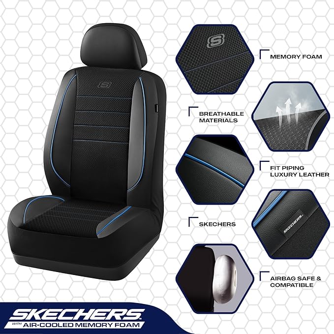 Skechers Air-Cooled Memory Foam Seat Covers,Mesh Thick Car Seat Covers,Piping Leather Car Seat Covers Front Seats,Airbag Compatible,Automotive Comfort Universal Fit Most Cars,Vans,Truck,SUV,Blue