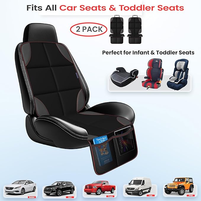 Car Seat Protector for Child Car Seat, 2 Pack Waterproof 600D Carseat Cover for Baby/Pets with Non-Slip Backing, Thick Padding, Mesh Pockets - Leather Seat Protector for Cars, SUV, Truck (Black)