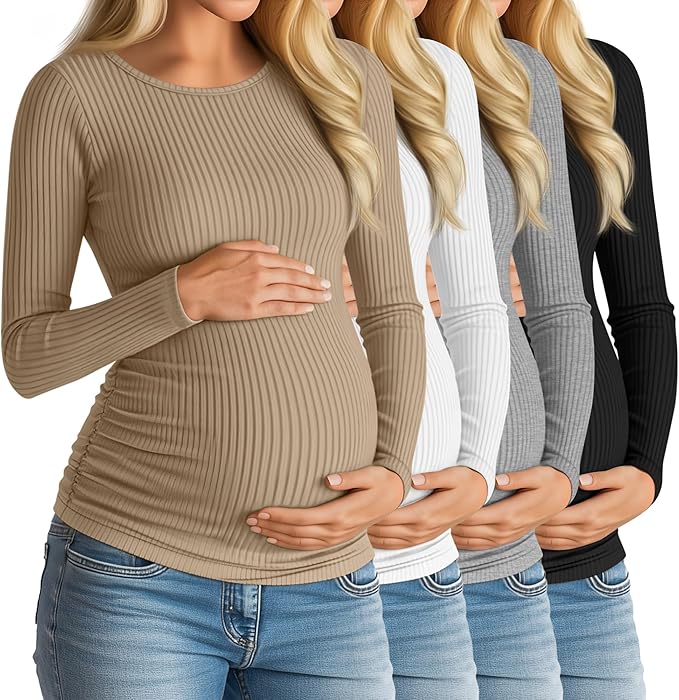 Huukeay 4 Pack Women's Maternity Shirts, Long Sleeve Cotton Ribbed Pregnancy Tops Side Ruched Crew Neck Casual Mama Clothes