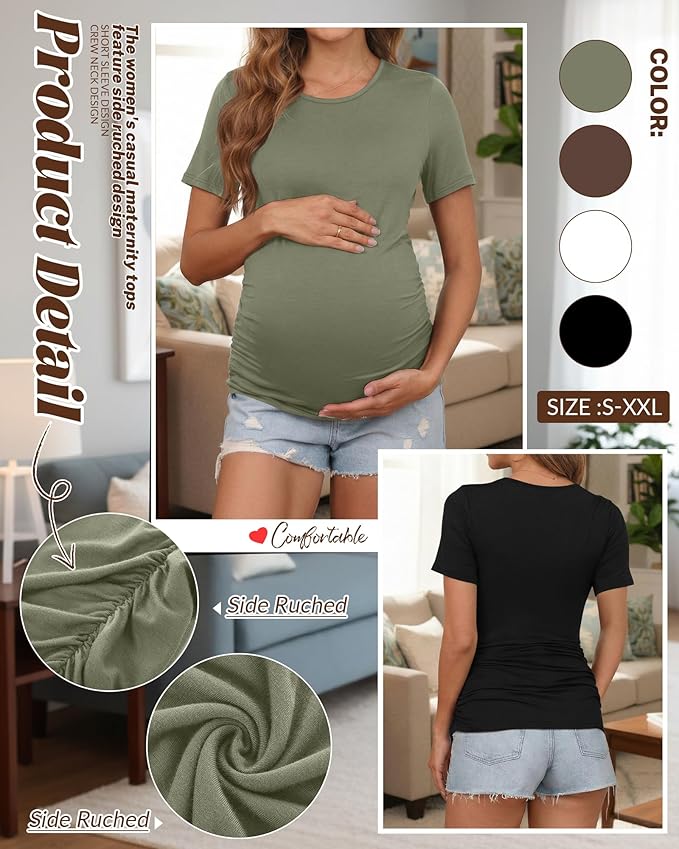 Huukeay 4 Pack Women's Maternity Shirts, Crew Neck Maternity Top Short Sleeve Casual Cotton Tee Side Ruched Pregnancy Clothes