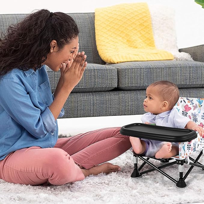 Toddler Booster Seat for Dining Table & Kitchen Chair - Portable Foldable with Removable Tray, Baby Camping Chair 6-36 Months Indoor Outdoor (Green Stripe)