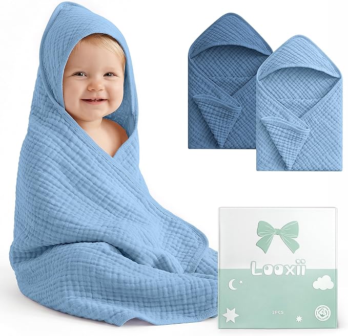 Looxii Baby Bath Towels 2 Pack Muslin Hooded Baby Towels for Newborn and Infants, 100% Cotton, Large 32x32Inch, Soft and Absorbent Gradient Blue