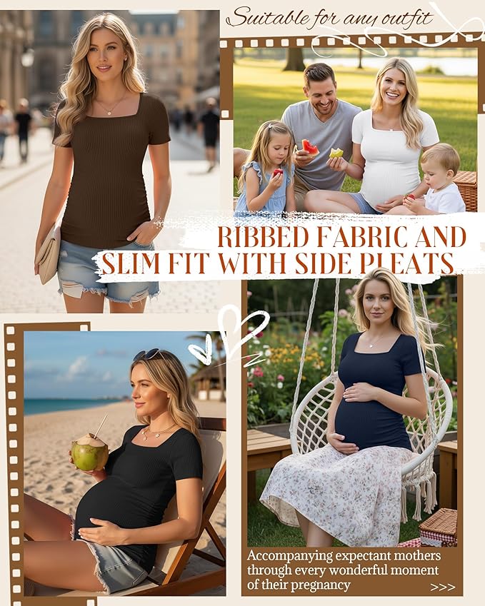 Huukeay 4 Pack Women's Maternity Shirts Cotton Ribbed Short Sleeve Square Neck Pregnancy Tops Side Ruched Summer Tee