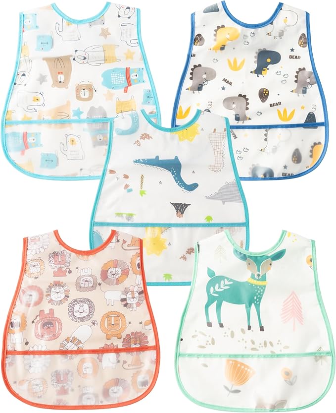 R HORSE 5Pcs Baby Bibs Set Toddler Bibs with Crumb Catcher Pocket & Snap Button Waterproof Baby Feeding Bibs for 6-24 Months