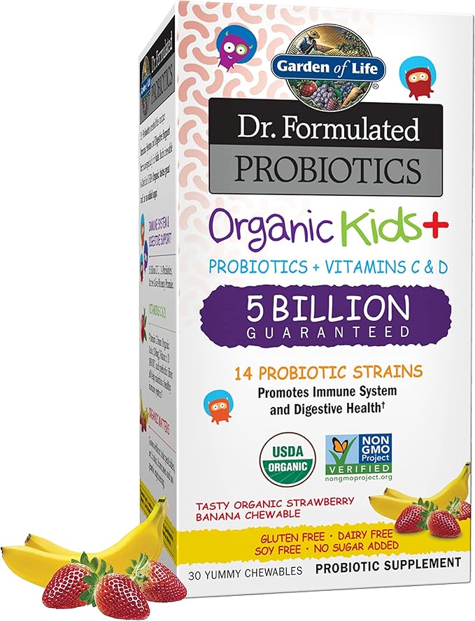 Garden of Life Dr. Formulated Probiotics Organic Kids+ - Digestive Health Support with Prebiotic Fiber & Vitamins C & D - Supports Immune Function - Strawberry Banana, 30 Yummy Chewables