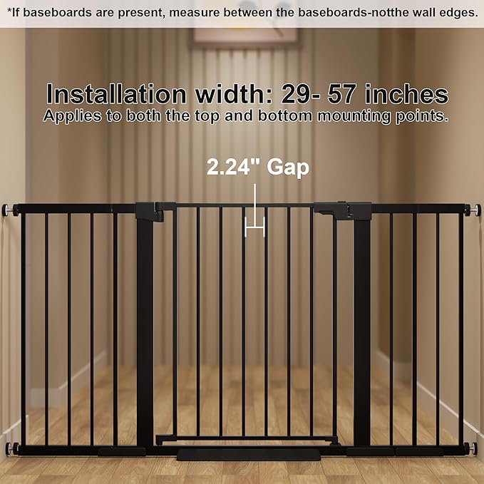 29-57 inches Extra Wide Metal Baby Gate for Stairs/Doorways, 30 inches Tall Pressure Mounted Pet Gates, Auto-Close Child Safety Gate, No Drilling Easy Walk-Through Dog Gate Indoor, Black