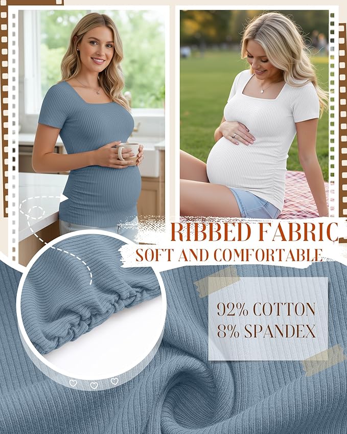 Huukeay 4 Pack Women's Maternity Shirts Cotton Ribbed Short Sleeve Square Neck Pregnancy Tops Side Ruched Summer Tee