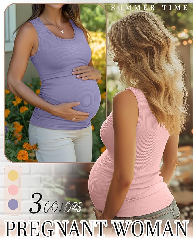 Riyiper 3 Pack Women's Maternity Tank Tops, Sleeveless Cotton Pregnancy Shirts Ribbed Knit Sides Ruched Basic Mama Clothes