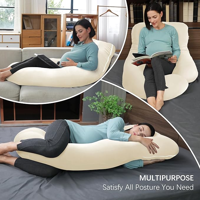 MOON PARK Pregnancy Pillows for Sleeping - U Shaped Full Body Maternity Pillow with Removable Cover - Support for Back, Legs, Belly, Hips - 57 Inch - Ivory - Cooling Cover