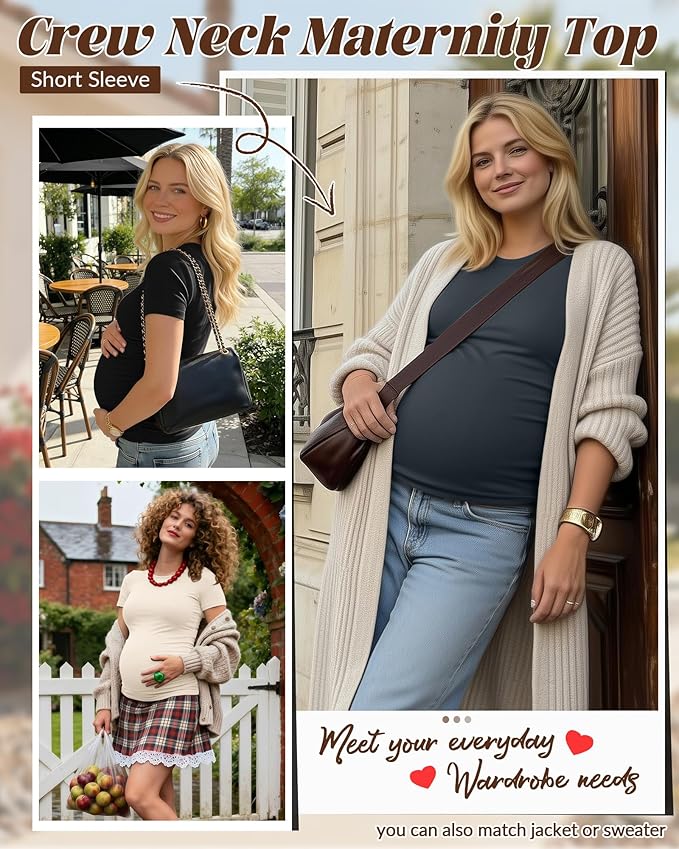 Huukeay 4 Pack Women's Maternity Shirts, Crew Neck Maternity Top Short Sleeve Casual Cotton Tee Side Ruched Pregnancy Clothes