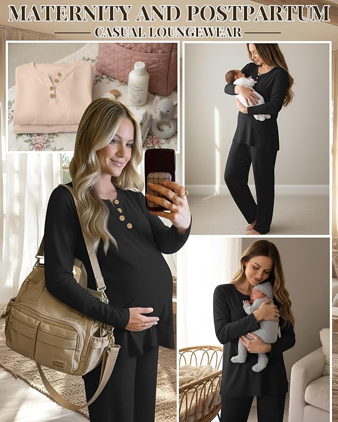 2 Piece Thermal Maternity Lounge Set Postpartum Pregnancy Fleece Loungewear Long Sleeve Top and Wide Leg Pant