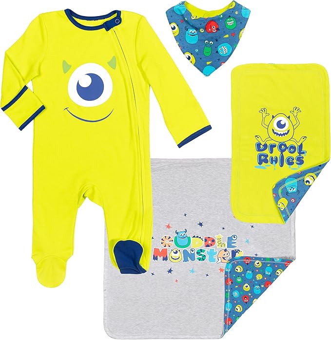 Disney Winnie the Pooh,Lion King,Pixar Monsters Inc. Baby Sleep N' Play Coverall Bib Blanket and Burp Cloth 4 Piece Set