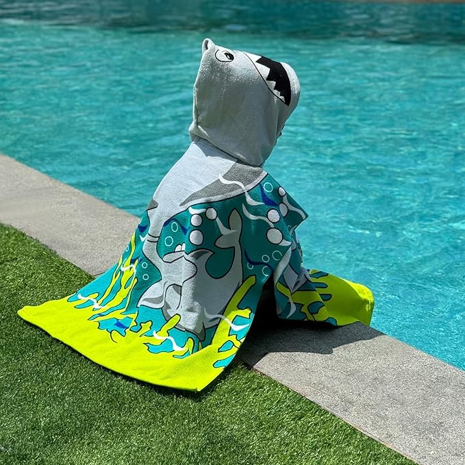 Hooded Kids Beach Towels - Toddler Bath Towel Girls Boys Swim Cover-ups for Ages 1 to 6 Kids Pool Towels Quick Dry Lightweight Soft Microfiber Poncho Towel 24x23(Sharks Blue)
