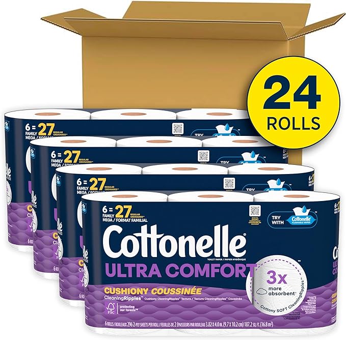 Cottonelle Ultra Comfort Toilet Paper with Cushiony CleaningRipples Texture, Strong Bath Tissue, 24 Family Mega Rolls = 108 Regular Rolls (4 Packs of 6)