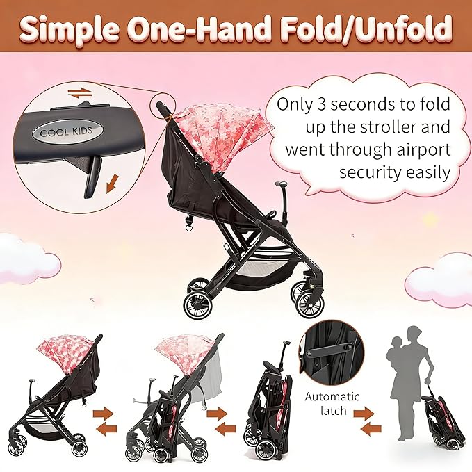 COOL KIDS Portable Stroller with Automatic Fold，Lightweight Umbrella Stroller with Pop Out Sun Canopy，Compact Stroller for Travel