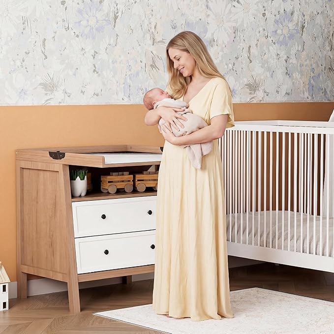 UbabyNest Baby Changing Table with Foldable Tabletop, Baby Dresser with 2 Wide Drawers & Open Storage Space, Modern Diaper Changing Station, Perfect for Nursery,White& Wood (Pad Not Included)