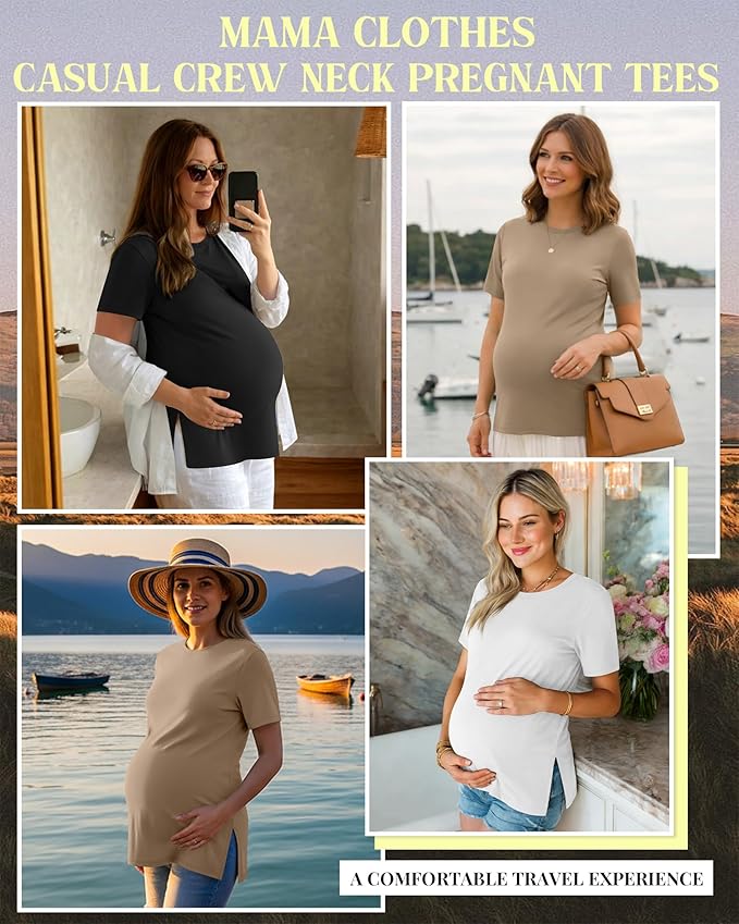 Ficerd 3 Pack Women's Maternity T Shirts, Short Sleeve Side Split Pregnancy Tops Casual Crew Neck Pregnant Tees Mama Clothes