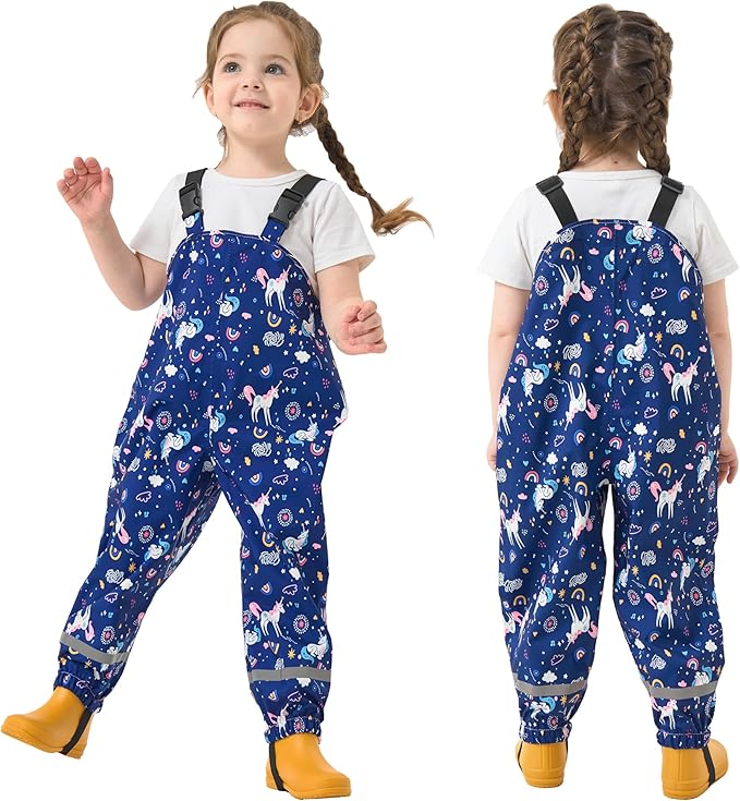 Toddler Waterproof Rain Bib Pants, Girls Rain Pants Kids Cartoon Rain Trousers Lightweight Mud Pants Rainwear