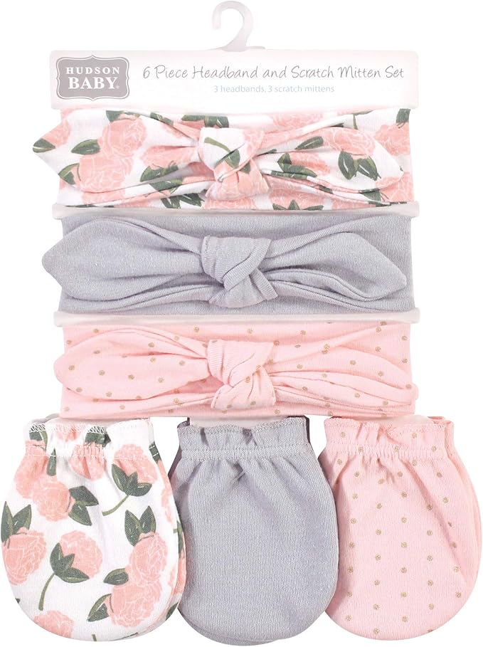 Hudson Baby baby-girls Cotton Headband and Scratch Mitten Set