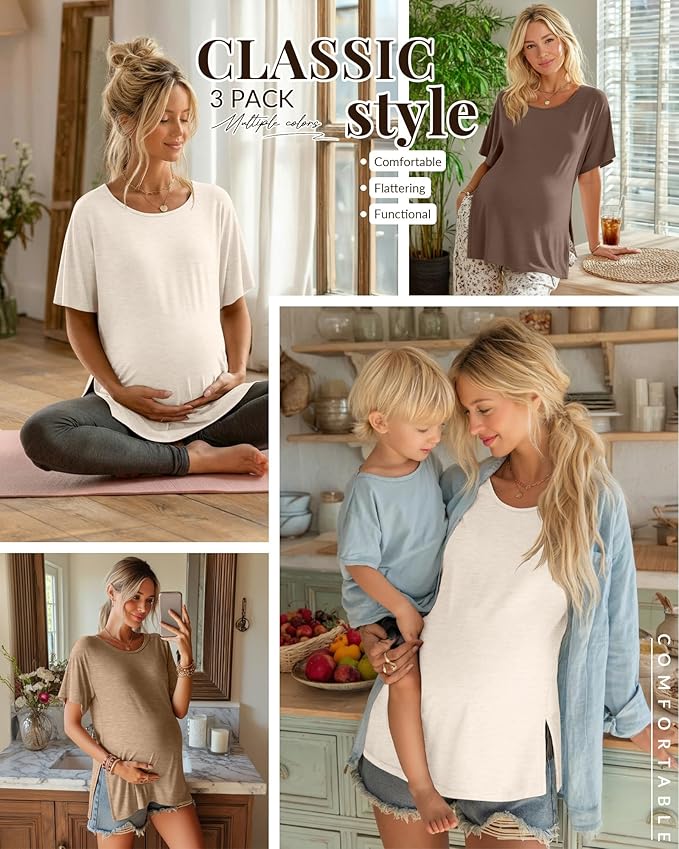 Riyiper 3 Pack Women's Maternity Tunic Shirts Cotton Summer Pregnancy Clothes Loose Oversized Split Side Blouse Tops