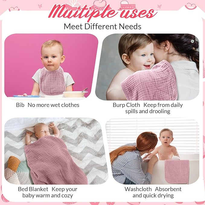 6 Pcs Muslin Hooded Bath Towels Washcloths and Bibs Set, Muslin Cotton Baby Towels Absorbent Hooded Blanket Towel Infant Bibs for Boys Girls Newborn Infant Essential(Pink,Rose)